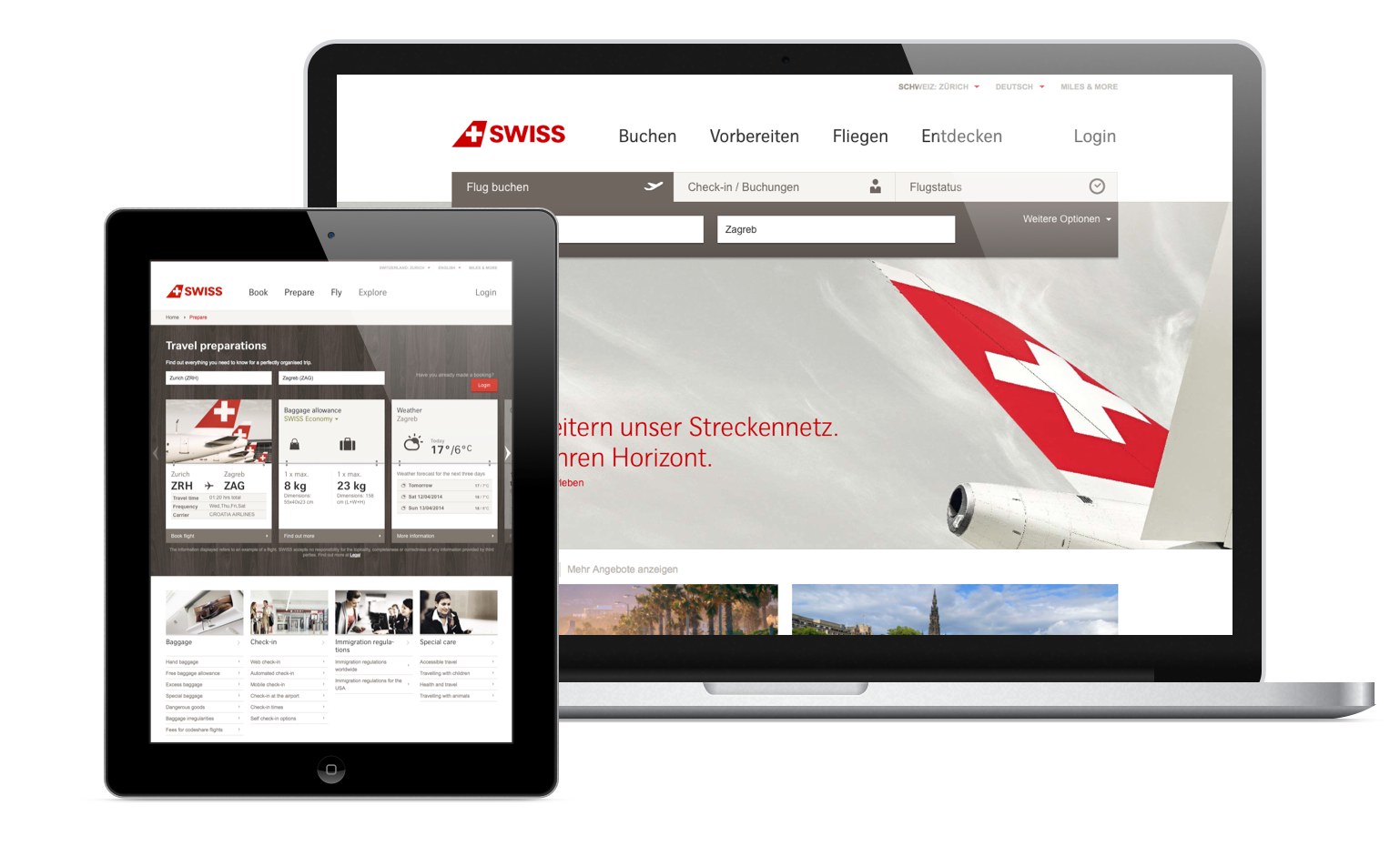 Screenshots of the Swiss.com website on different devices showcasing the responsive design